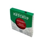 Ketchupkruidensaus in verpakking met hexagonale patroon en groene kleur.