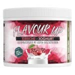 Schrijf een foto van een pot kersensorbet ijs met fruit en yoghurt.