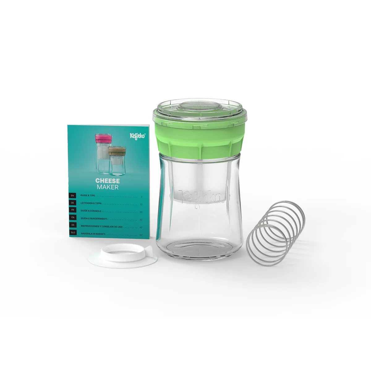 KefirKo Kaasmaker met groen deksel, persveer en handleiding