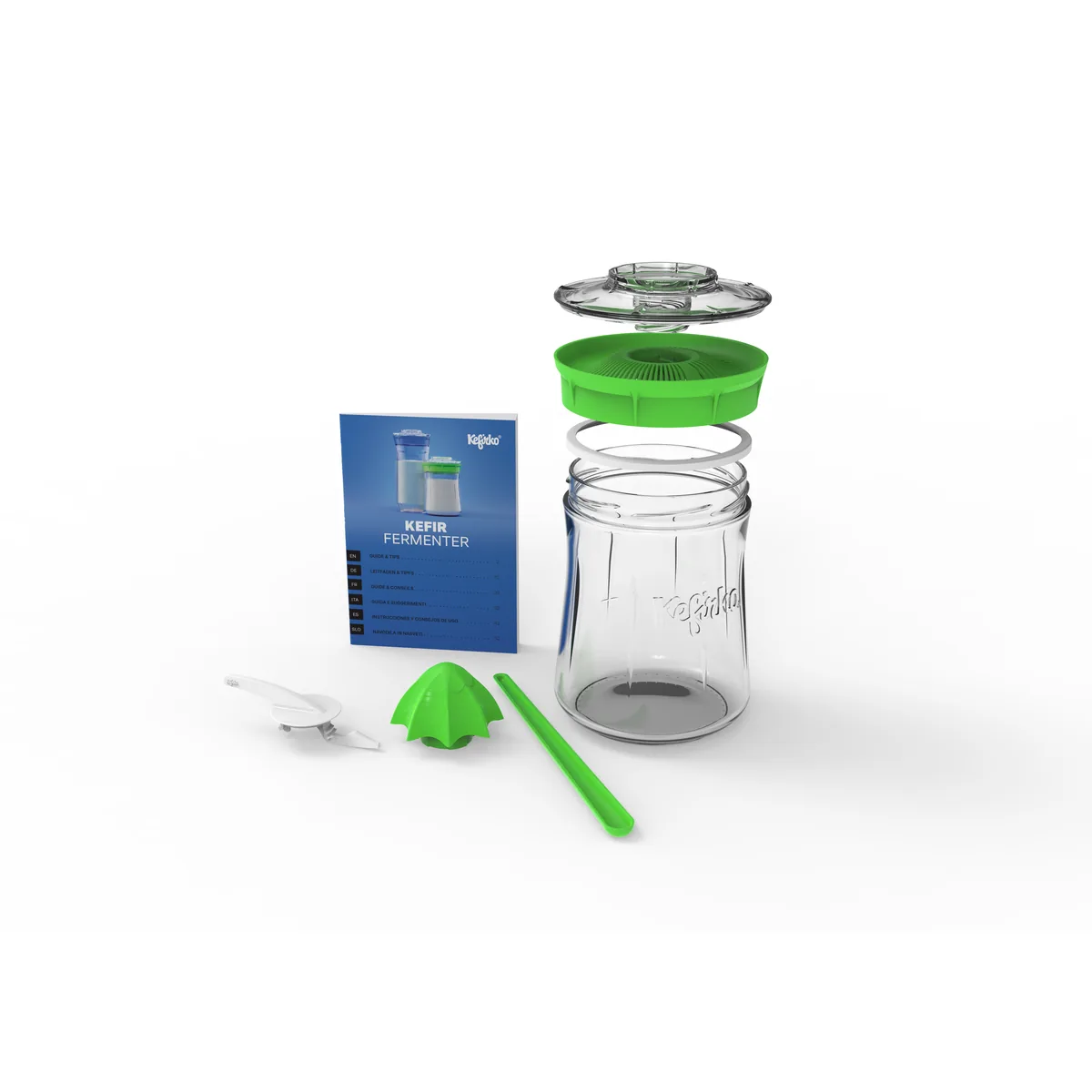 KefirKo Kefirmaker met groen deksel en toebehoren: zeefdeksel, deksel, citruspers, schraper, roerstaafje en handleiding