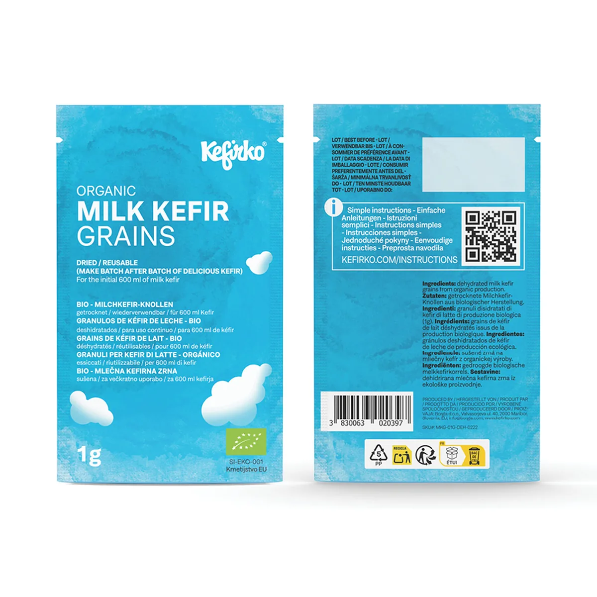 Verpakking KefirKo biologische melkkefirkorrels, voor- en achterkant