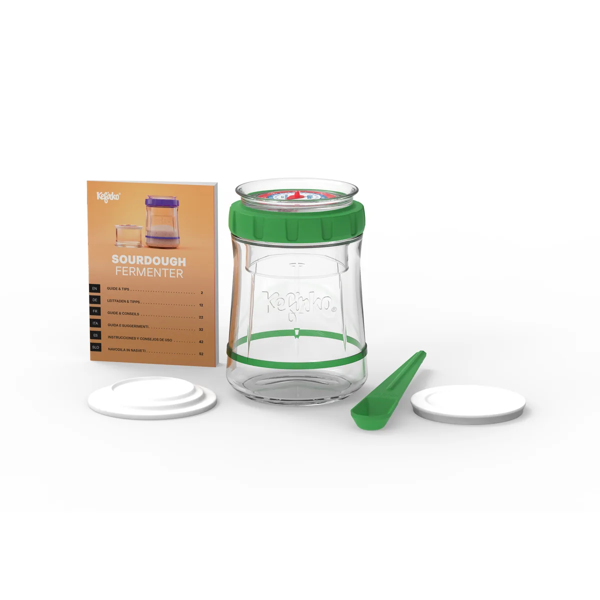 KefirKo Zuurdesem Fermenter met groen deksel en toebehoren