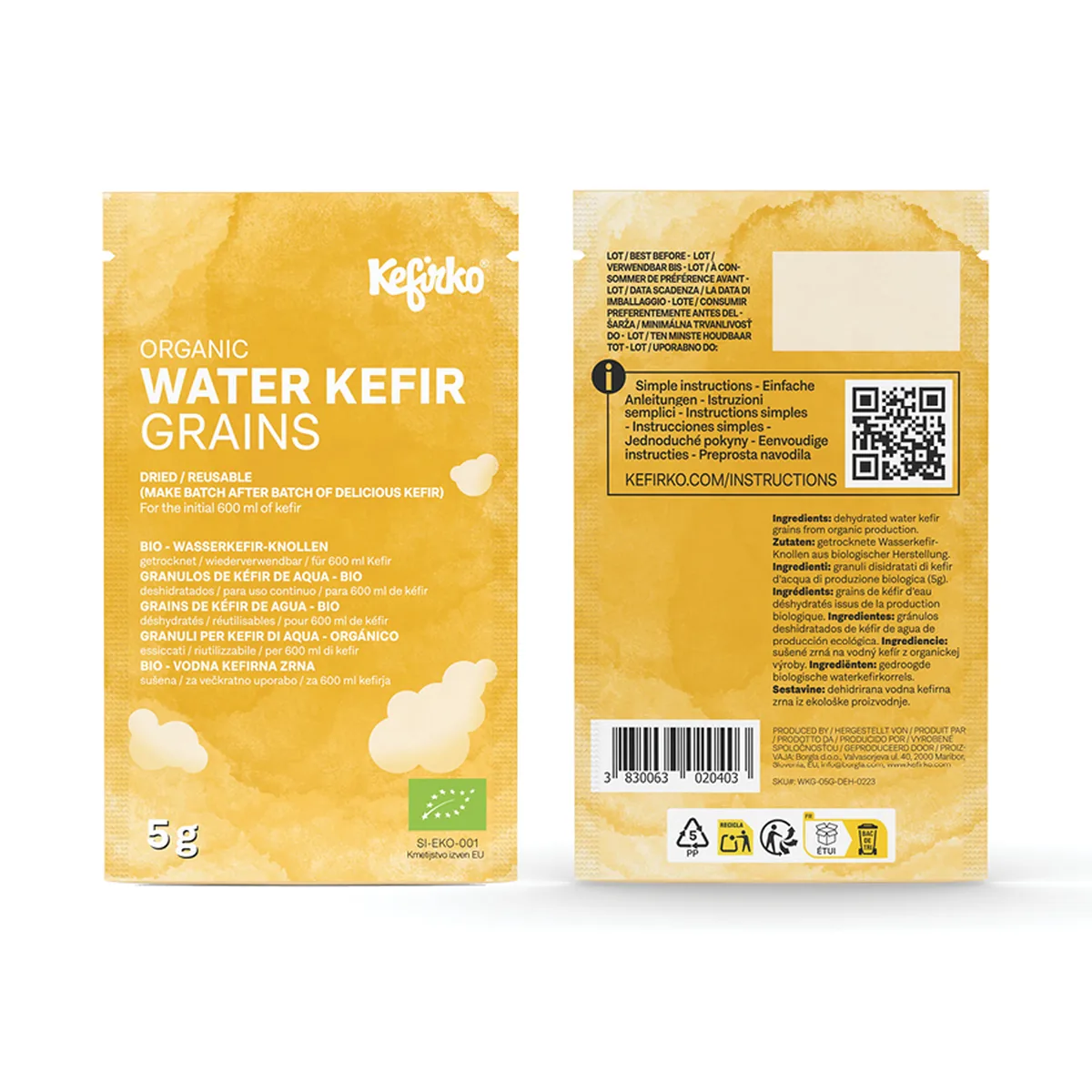 Verpakking KefirKo biologische waterkefirkorrels, voor- en achterkant